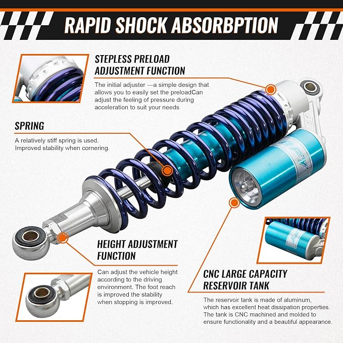 Zhisheng 340mm 13.4in Air Shock Absorber ATV Motorcycle Quad Suspension Shocks for HONDA for Suzuki for Kawasaki for Yamaha ATV Go Kart Quad Dirt Sport Bikes, Blue