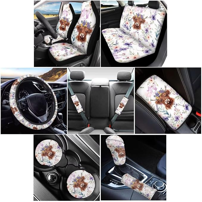 Wanyint Car Seat Cover Full Set 12 PCS, with Steering Wheel Seat Belt Cover Armrest Pad Coasters Handbrake Gear Shift Knob Set Auto Accessories Decor, Highland Cow Floral Violet
