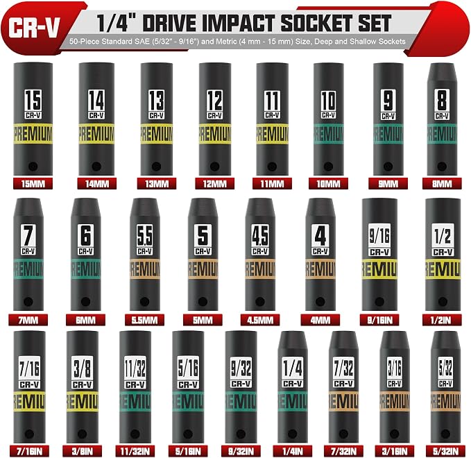 1/4" Drive Impact Socket Set, 50-Piece Standard SAE (5/32" - 9/16") and Metric (4 mm - 15 mm) Size, Deep and Shallow Sockets, Cr-V Steel, 6 Point, Auto Repair Bicycle Maintenance