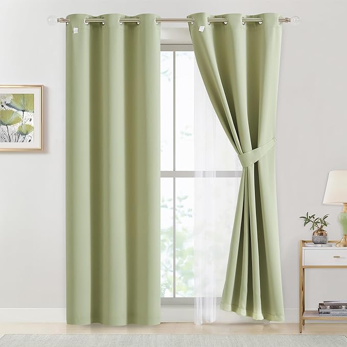 Bujasso Sage Green Blackout Curtains with Sheer Overlay Mix and Match Double Layer Thermal Insulated Window Panels 84 inch for Living Room Bedroom Green Drapes with Tiebacks Grommet Top 54" Wx84 Lx2