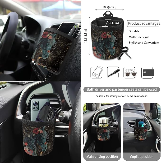 Horse Hibiscus Moon Print Car Seat Cover Full Set of 15 Steering Wheel Cover Seat Belt Strap Pad Trash Bag Air Vent Storage Holder Cup Coasters Rear View Mirror Covers Key Chain
