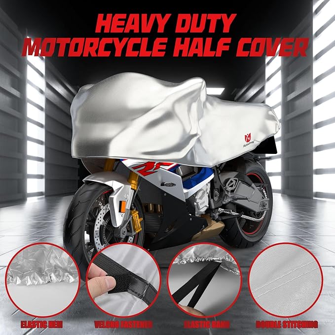 Rosefray 420D Motorcycle Half Cover-Outdoor Waterproof All Weather Protection Lightweight Half Cover,Silver L Size for Most Touring Models Harley Davidson,Honda Goldwing,Road King Street Glide