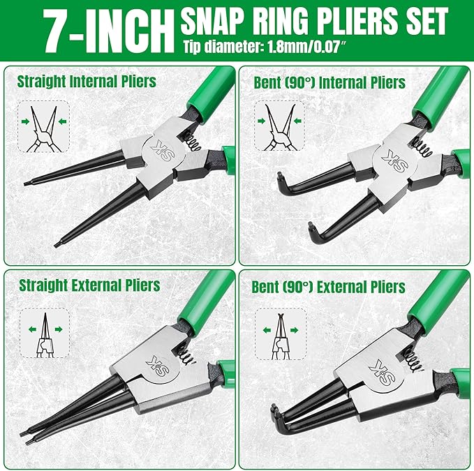 SK 4-Piece Snap Ring Pliers Set, 7-Inch Internal/External Circlip Pliers with Straight/Bent Jaw, 0.07'' Tip Diameter, Premium CR-V Steel, with Zipper Pouch