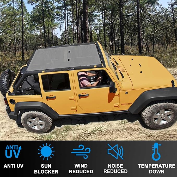 JK Sun Shade Top Compatible with Jeep Wrangler 4 Door 2007 to 2018 Sunshade Sunroof Bikini Cover Blocks UV Wind Noise Gray Mesh for Full Length
