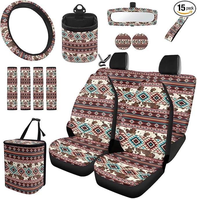 Dreaweet Aztec Brown Cow Seat Covers for Cars Full Set Native American Tribal Car Accessories Steering Wheel Cover Seat Belt Pads Coasters Trash Bag Air Vent Storage Bag Rearview Mirror Cover Keychain