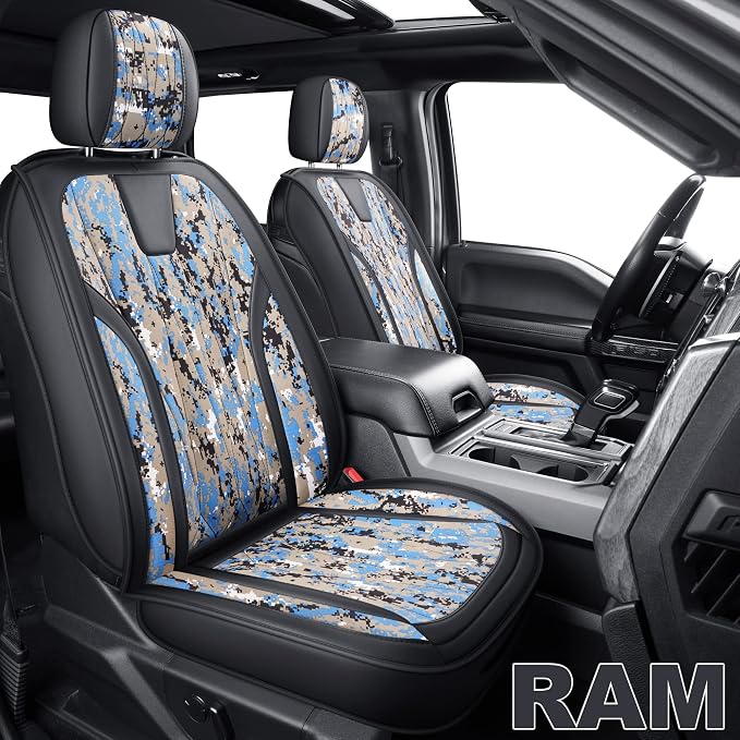 GXT Dodge RAM Seat Cover Full Set Fit for Select 2013-2021 Dodge RAM 1500 2500 3500 Pickup Truck, Waterproof Synthetic Leather Car Seat Cover and Cushion (Camouflage White)