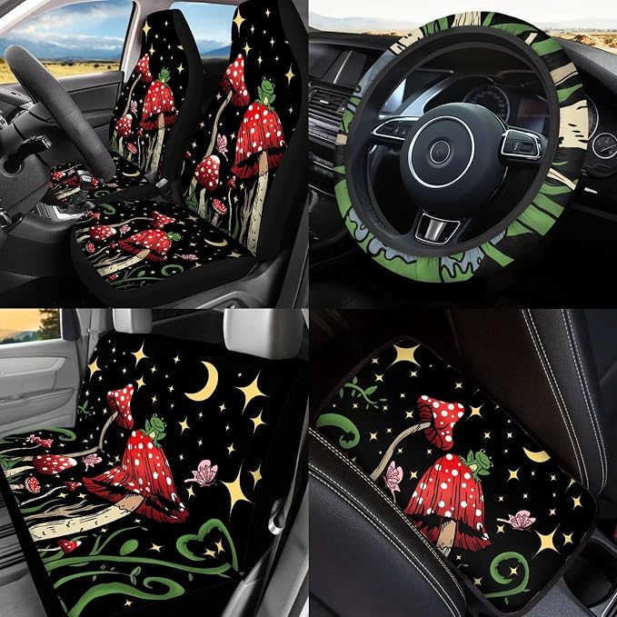 17Pcs Mushroom Car Seat Covers Set for Front and Rear Full Set,Starry Sky Mushroom Car Accessories for Women with Shoulder Pad,Car Seat Head Rest Protector for Auto Front Seat Rest Decor