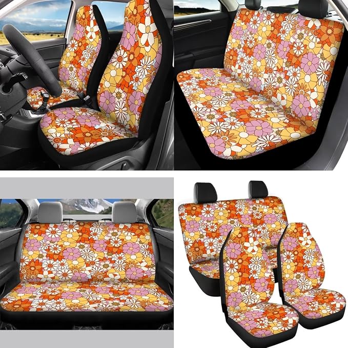 Cottagecore Car Accessory Abstract Hippie Flower Car Seat Covers Elastic Auto Steering Wheel Cover+Non Slip Coaster+Gear Shift Knob & Handbreak Cushion +Mirror Cover for Most Vehicle
