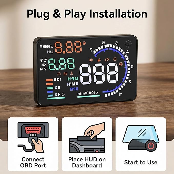 5.5 inches A8 OBD2 Windshield HUD Head Up Display with Display RPM MPH Speeding Warning Fuel Consumption Temperature