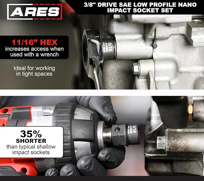 ARES 29019 – 10-Piece 3/8-Inch Drive SAE Low Profile Nano Impact Socket Set – Impact Grade Sockets Offer Greater Clearance Than Typical Shallow Sockets – Includes Aluminum Storage Rail