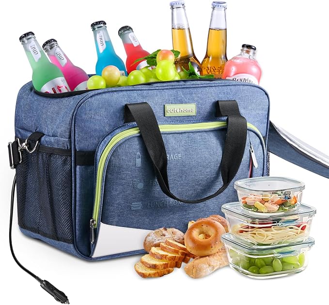 outohome Electric Portable Cooler Plug in 12V Car Cooler Bag, Warmer Bag for vehicle, DC Power Cord,25L Insulated Lunch Bag for Family Outings, Grocery,Camping,Truck Drivers,All Season ﻿
