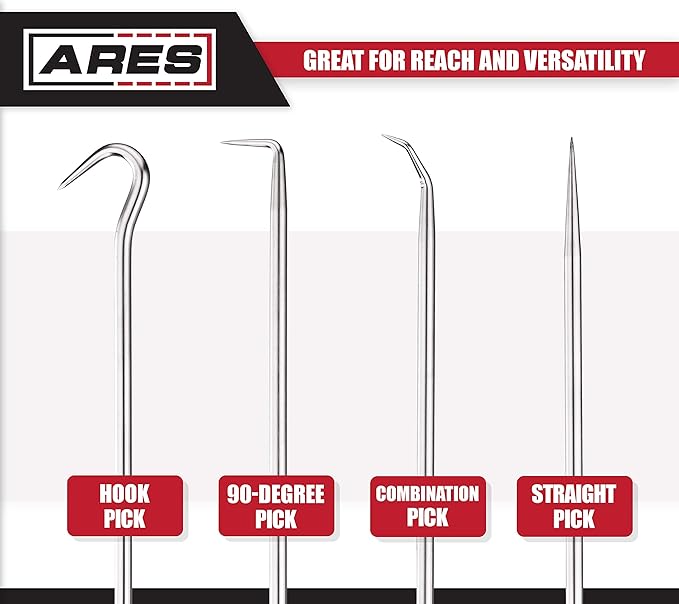 ARES 70246-4-Piece Hook and Pick Set - Includes a Large Straight Pick, 90 Degree Pick, Combination Pick and a Hook Pick - Chrome Vanadium Steel Shafts - Easily Remove Hoses, Gaskets and More