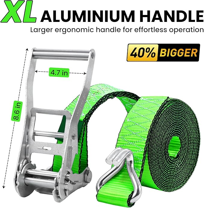 2"x20' Ratchet Straps with J Hooks - 10,000lb Break Strength/ 3,333lb Load Capacity Ratchet Tie Down Strap - Ratchet Straps Heavy Duty - Cargo Straps for Truck, Lawn Equipment, Car Roof, 4 Pack(Green)