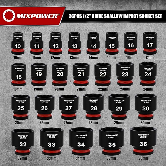 MIXPOWER 26 Pieces 1/2'' Drive Shallow Impact Socket Set,12 Point,Metric,10-36mm,CR-MO,Axle Nut Impact Grade Socket for Easy Removal