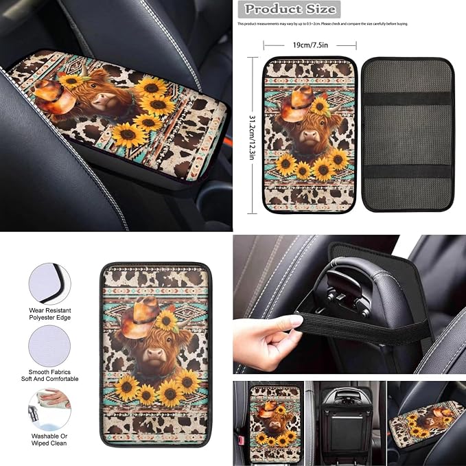 Wanyint Aztec Highland Cow Cowboy Sunflower Car Seat Covers Full Set Pack of 12, with Steering Wheel Cover Seat Belt Pad Armrest Pad Handbrake Cover Gear Shift Cover Handbrake Cover Cup Coaster