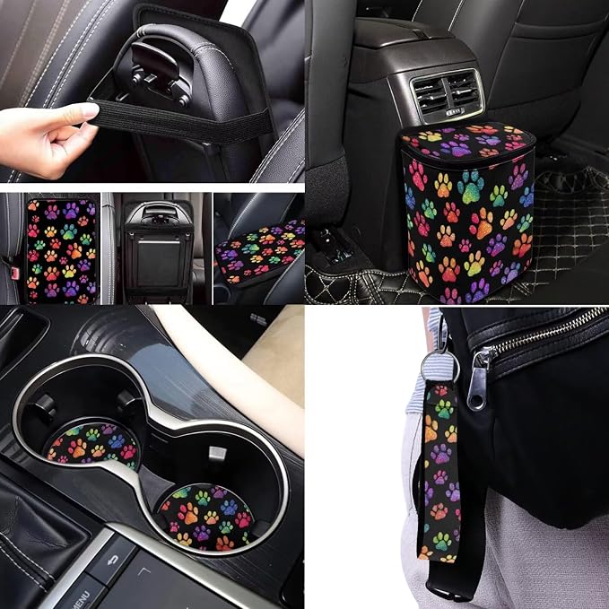 Colorful Dog Paw Print Car Seat Covers Full Sets with Front and Split Rear Bench,Dog Paw Print Car Accessories with Headrest Covers,Steering Wheel Covers Universal Fit, Car, Truck, SUV, Van
