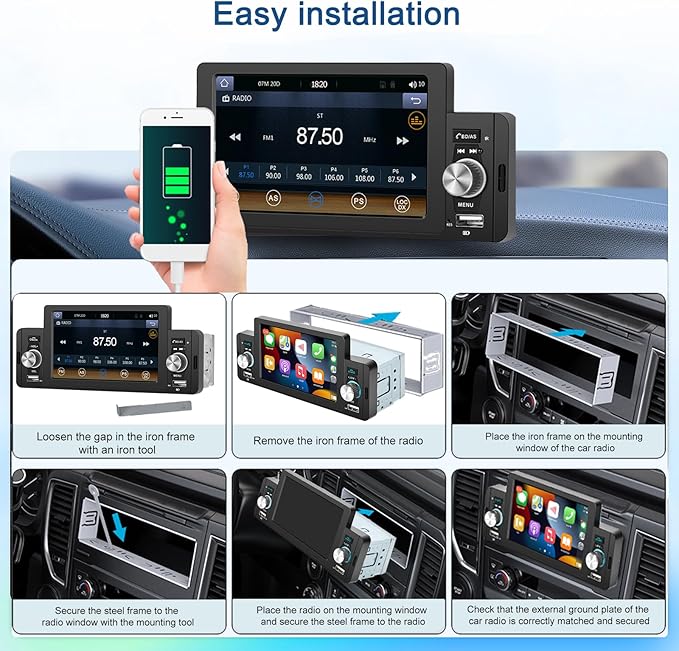 Carplay Single Din Radio 5 Inch Touch Screen Car Stereo with Car Play Android Auto, Bluetooth 5.1, HD Backup Camera, Mirror Link, Siri Voice Control, USB, FM, SWC, Dual Mic, Remote Control