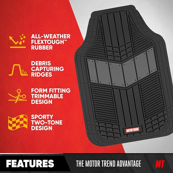 Motor Trend FlexTough Gray Floor Mats for Cars & Cargo Mat Full Set - All Weather Front & Rear Rubber Automotive Floor Mats & Cargo Liner for SUV, Car, & Van - Interior Trunk Mat & Floor Cover
