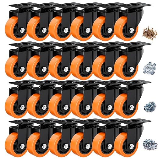 3" Swivel Plate Casters Set of 24 Heavy Duty 1000 lbs | Orange PU, Non-Marking, Quiet. 1000 Lbs/4 Casters. No Brake - Continuous Rolling. Black Rustproof Bracket. Workshop, Garage