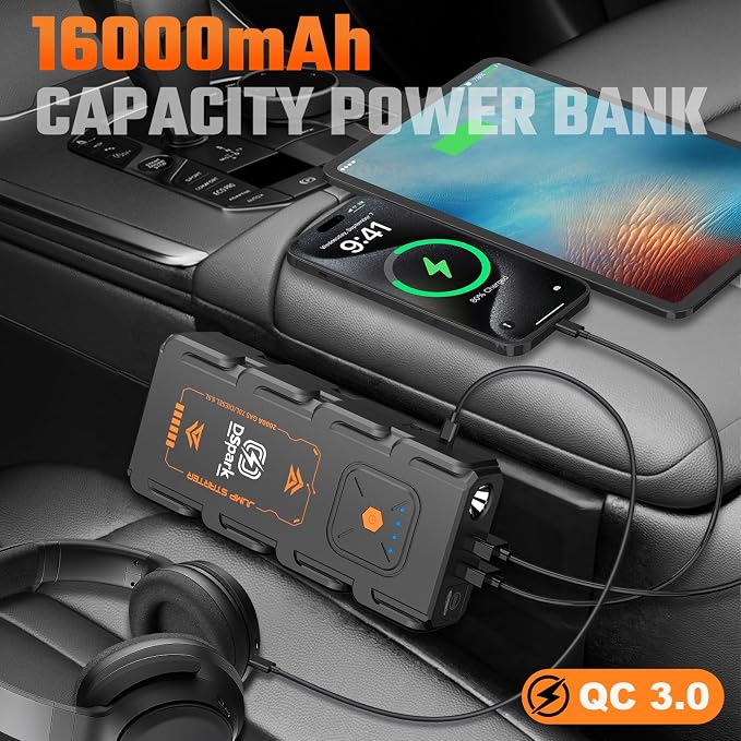Compact 2000A Car Jump Starter, Ultra-Portable & Beginner-Safe Battery Booster for Up to 7.0L Gas / 6.5L Diesel, Lightweight 12V Jump Box with USB Fast Charge & LED Emergency Light