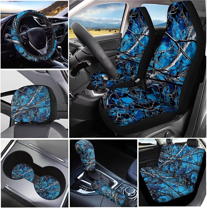 KEIAHUAN Blue Camo Hunting Car Seat Covers Full Set with Gear Shift Knob and Handbrake Cover Steering Wheel Cover Head Rest Covering Cup Coaster Fits Most Vans Trucks SUV Sedan