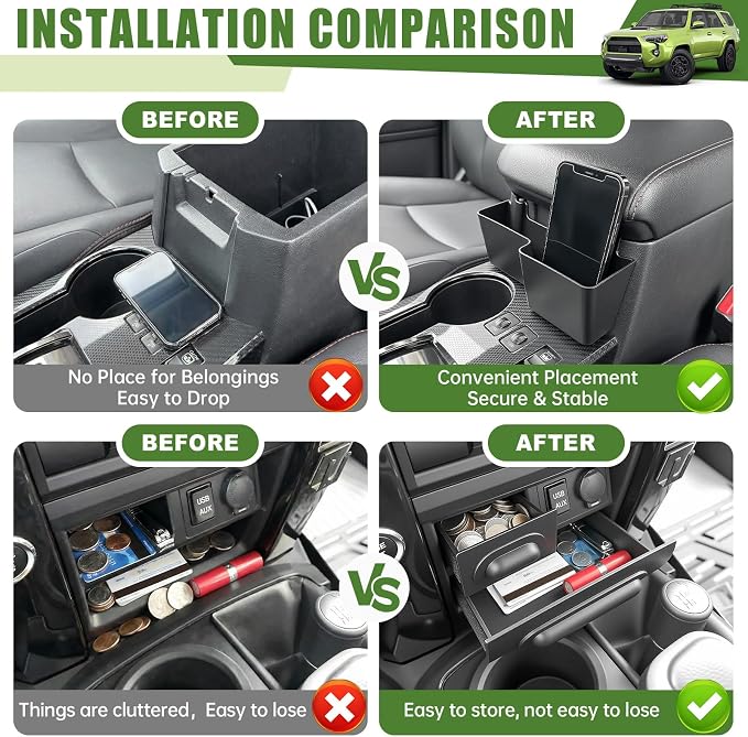 Center Console Organizer for 2014-2024 Toyota 4Runner Upgraded Hanging Armrest Box Extra Storage Drawer Inserts Tray for 4 Runner Interior Accessories(Fit 14-24/Hanging+Drawer Organizer)