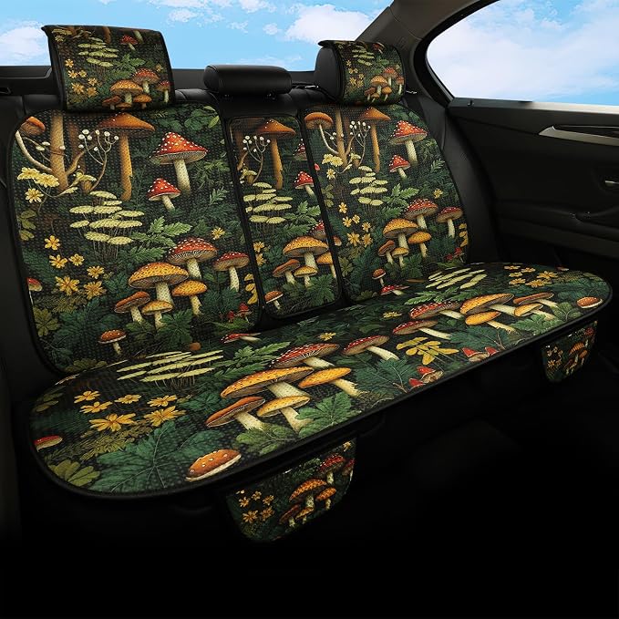 Car Seat Covers Set, 5 - Seat Full Set with Headrest, Mushroom Design Honeycomb Knit Fabric, Breathable & All - Season Universal Automotive Seat Protectors
