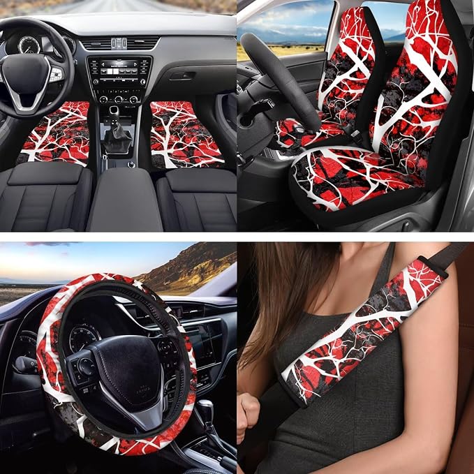 18 Pcs Red Branch Car Interior Accessories Set, Car Seat Covers Full Set with Auto Floor Mats Steering Wheel Cover Armrest Pad Seat Belt Pads Handle Wraps Keychain Cup Coaster