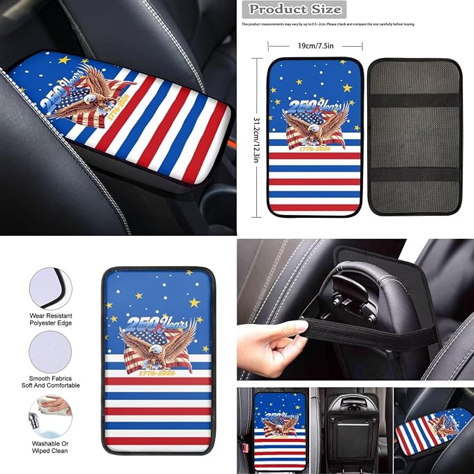 Wanyint Car Seat Cover Full Set 12 PCS, with Steering Wheel Seat Belt Strap Armrest Pad Handbrake Cover Gear Shift Cover Coasters Universal Fit for US 250th Anniversary, American Flag Hibiscus Eagle