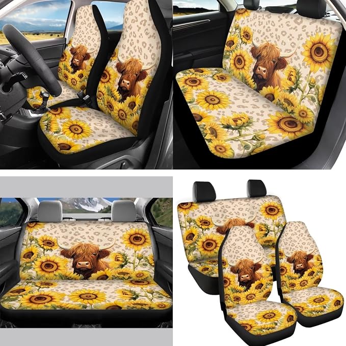 Highland Cow Car Seat Covers Full Sets+Cow Print Auto Front Rear Bench Seat Covers for Most Vehicle+Steering Wheel Cover+Keychain+Coaster+Mirror Covers+Seatbelt Pads for Women