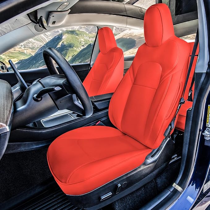 FH Group Custom Fit Car Seat Covers Specifically Made for 2020-2025 Tesla Model Y Faux Leather Water Resistant Automotive Seat Covers -Front Set Solid Red