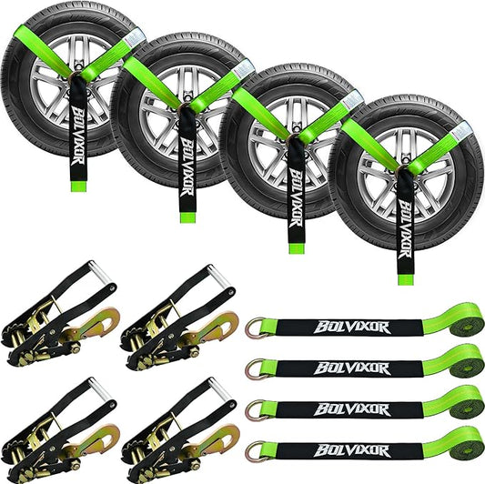 4 Pack Car Tie Down Straps for Trailers - 2" x 96" - 9900LBS Break Strength - Tire Ratchet Strap with Snap Hooks - Adjustable Wheel Straps for Hauling UTV, SUV, Truck, Any Cars
