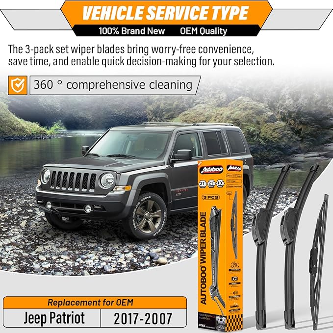 AUTOBOO 21"+21" Windshield Wipers with 10" Rear Wiper Blade Replacement for Jeep Patriot 2007 2008 2009 2010 2011 2012 2013 2014 2015 2016 2017 -Original Factory Quality (Pack of 3)