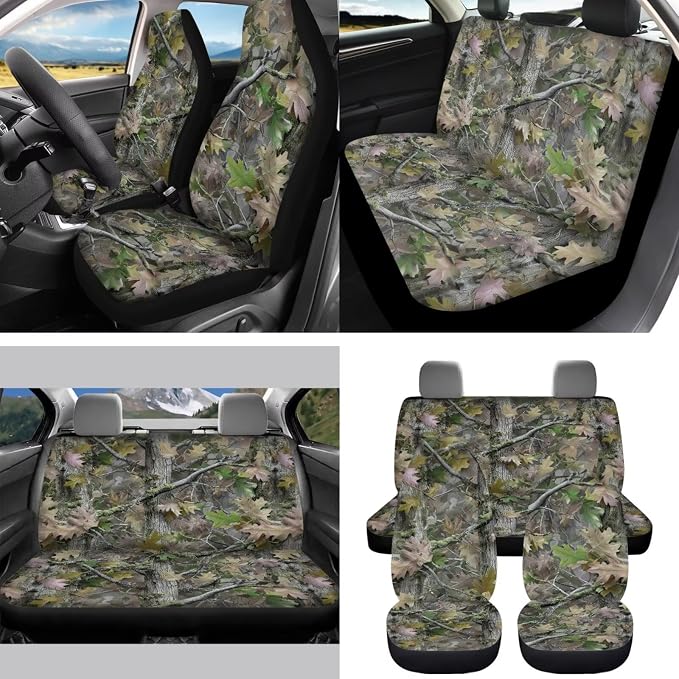 15 Pcs Green Camouflage Car Seat Covers Full Set for Women Men Car Accessories Interior Car Steering Wheel Cover Seatbelt Covers Trash Bin Rear View Mirror Cover Cup Holders Keychain