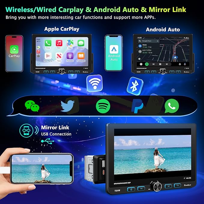7" Single Din Touchscreen Radio, Floating Car Stereo with Wireless Apple CarPlay & Android Auto,30° Adjustable HD IPS Touchscreen,FM/AM,Bluetooth 5.2,USB & Type-C,MIC,Physical Knob, Backup Camera