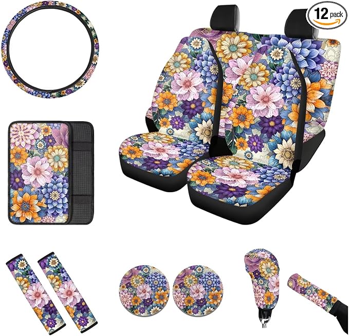 12 Pcs Full Set Seat Covers for Cars with Steering Wheel Seat Belt Cup Holders Auto Center Console Pad Handbrake Cover Gear Shift Knob Decor for Women Ladies, Bohemian Flower