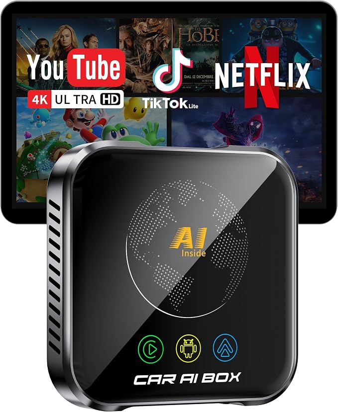 Magic AI Box Wireless CarPlay Adapter, Fast Car Video Box Plug & Play, Easy Setup, Supports Netflix/YouTube/TF Card Streaming Equalizers and More for OEM Wired CarPlay/Android Auto Cars (Glossy Black)