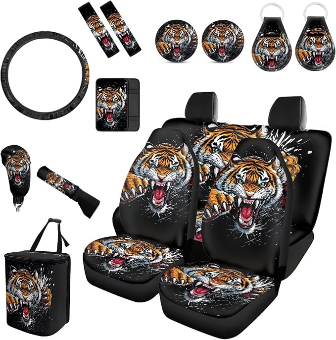 Forchrinse Tiger Car Seat Covers Full Set 15Pcs 3D Animal Print Auto Accessories Set for Women Universal Steering Wheel Cover Armrest Cover Seatbelt Pads Keyring Coasters