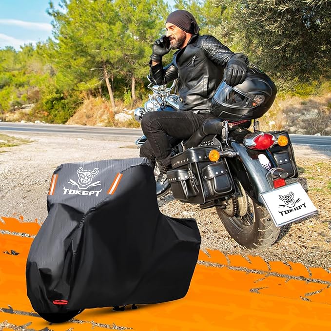 Motorcycle Cover, All Season Waterproof Outdoor Protection with Lock-Holes & Night Reflective, Fits up to 96" Harley Davidson Honda Suzuki Kawasaki Yamaha (Black)