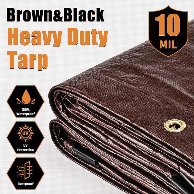 20x30FT Waterproof Tarp, Yumatum 10 Mil Heavy Duty Tarps with Reinforced Edges/Brass Grommets, 100% UV Blocking/Tear Resistant Poly Tarp for Camping, Patio, Tent, Boat(Brown/Black)