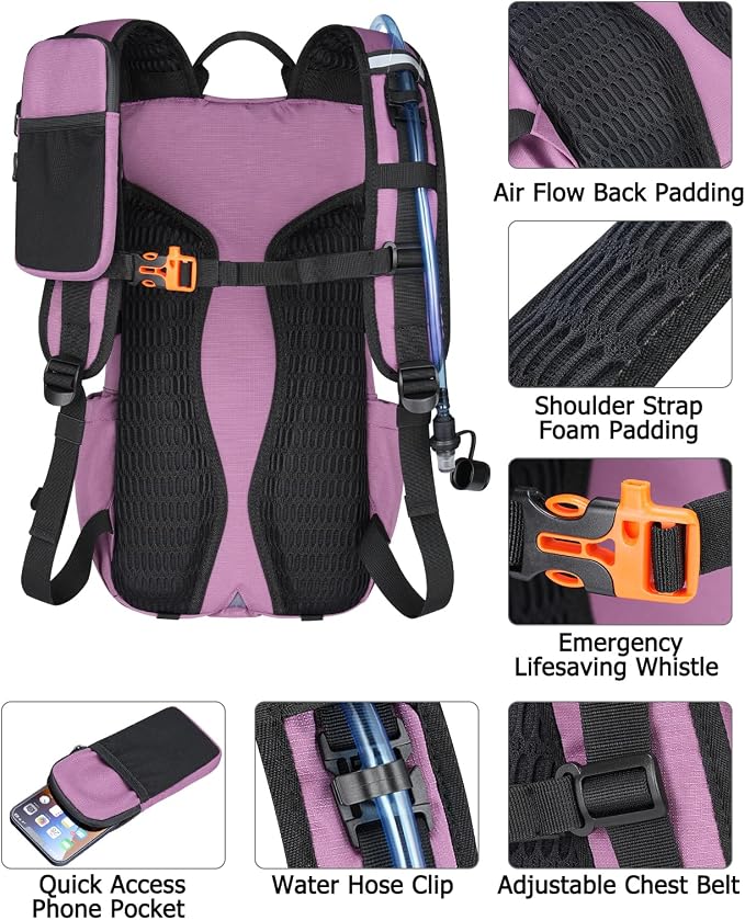 NOOLA Hydration Backpack with 3L Water Bladder - 22L Water Backpack for Hiking, Cycling, Running, Biking - Lightweight Hiking Pack Bag with Rain Cover, Phone Holder and Trekking Pole Holders, Purple