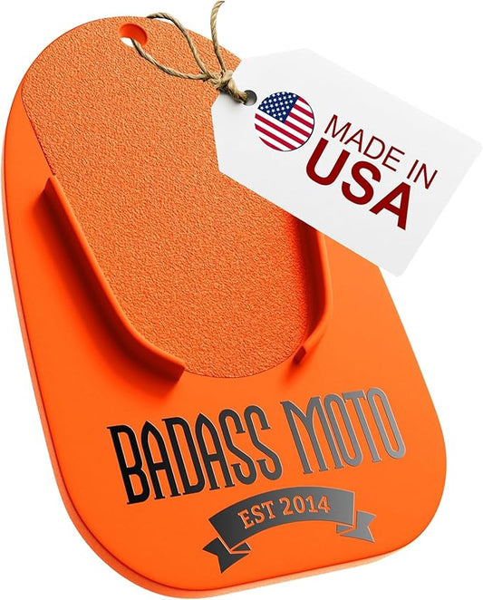 Badass Moto Motorcycle Kickstand Pad - Kick Stand Puck, Coaster Plate for Harley Davidson, Touring & Sport Bikes - Motorcycle Accessories for Grass, Dirt, Hot Pavement Parking Pad, Made in USA, Orange