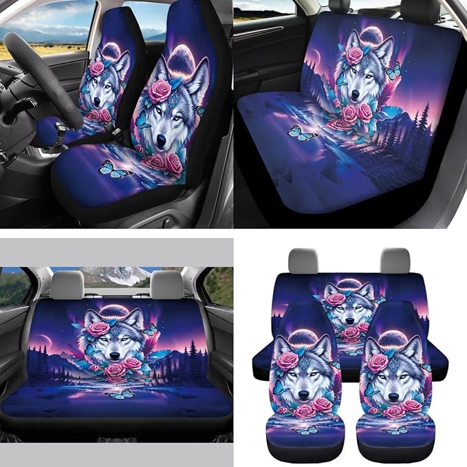 Galaxy Auto Interior Accessories Rose Wolf Car Seat Covers with Auto Steering Wheel Cover Seat Belt Covers Car Trash Can View Mirror Cover Coaster Keychains