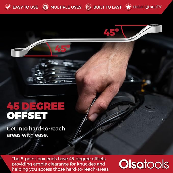 Olsa Tools Bolt Extractor Offset Wrench Set - 7pc Rounded Fastener Remover Kit - 6-Point Box-End Metric Design - Stripped Bolt & Nut Removal Tool - Professional Grade Mechanic Wrenches - Part: 1311