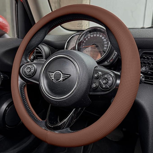 PINCTROT Nappa Leather Steering Wheel Cover, Slim Fit No Bulk Design, One Piece Leather with Breathable Perforation, Fit Like Gloves, Universal 14.5-15 Inch(Nappa Brown)