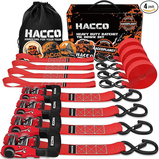 HACCOPLANET Ratchet Straps, 5280lb Break Strengeth, 1.6" Heavy Duty Ratchet Tie Down Strap Set w/Padded Handle, S Hook, Soft Loop for UTV Motorcycle Truck Cargo Straps (Red, 8FT)