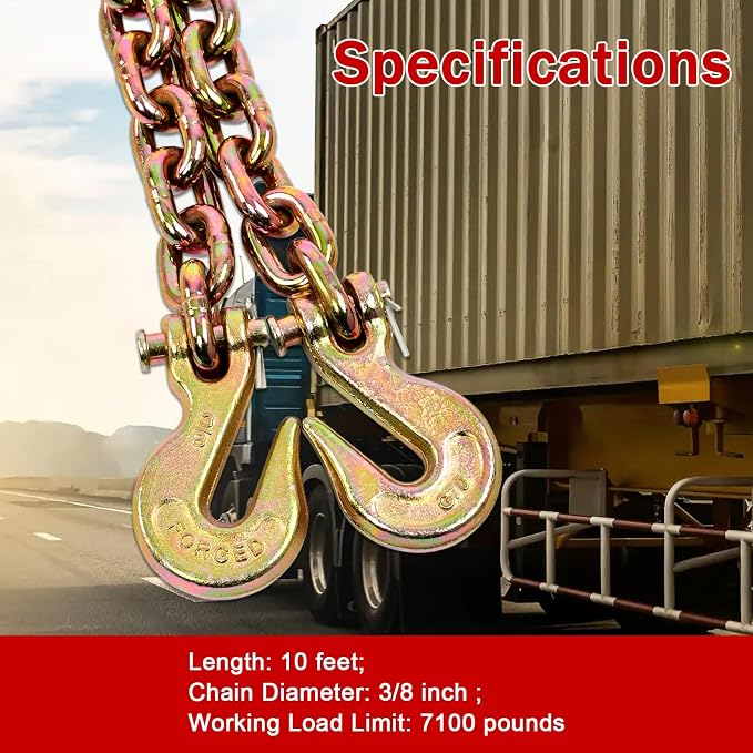 Heavy Duty G80 Transport Binder Chain, 3/8'' Inch x 10 Feet, Tow Chain with G70 Clevis Grab Hooks, 7100 lbs Safe Working Load, Yellow