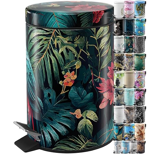 Sanilo Small Bathroom Trash Can with Lid [1.3 Gallon] - Lidded Tiny Trashcan for Garbage - Mini Metal Bin with Soft Closing Mechanism - Bath Room Accessoire Wastebin with Inner Bucket (Exotic)