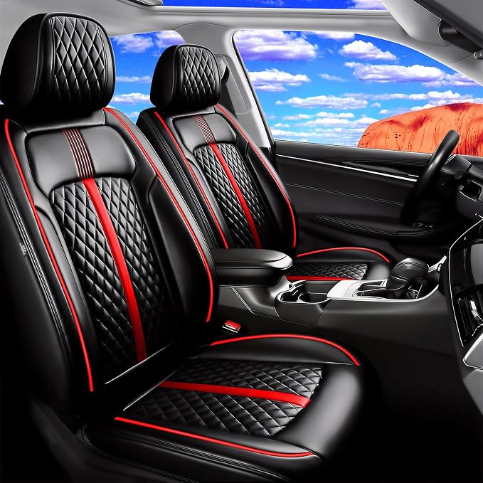Fit Envision Car Seat Covers (Front Pair) for Select Buick Envision 2016-2026 - Premium Full Coverage Leather, Airbag Compatible, Waterproof & All Weather Seat Cushion Protector, Red Trim