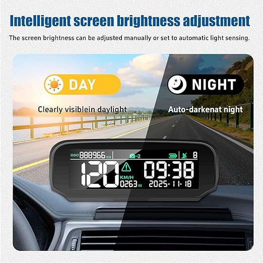 X100 Wireless Heads Up Display for Cars Solar GPS Digital Speedometer with LCD Screen Overspeed Alarm KMH/MPH Time/Altitude/Temperature/Speed Display, Vibration Wake-Up, Auto-Brightness Adjustment